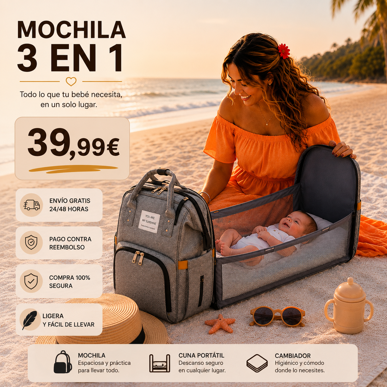 Pack Viagem para Bebé Mochila 3 em 1 + Porta-bebé de Oferta