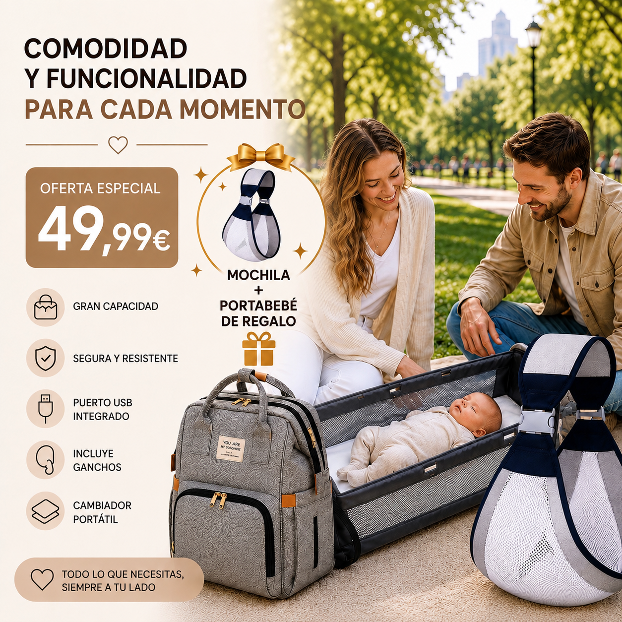 “Todo lo que necesitas para salir con tu bebé, en una sola mochila.”