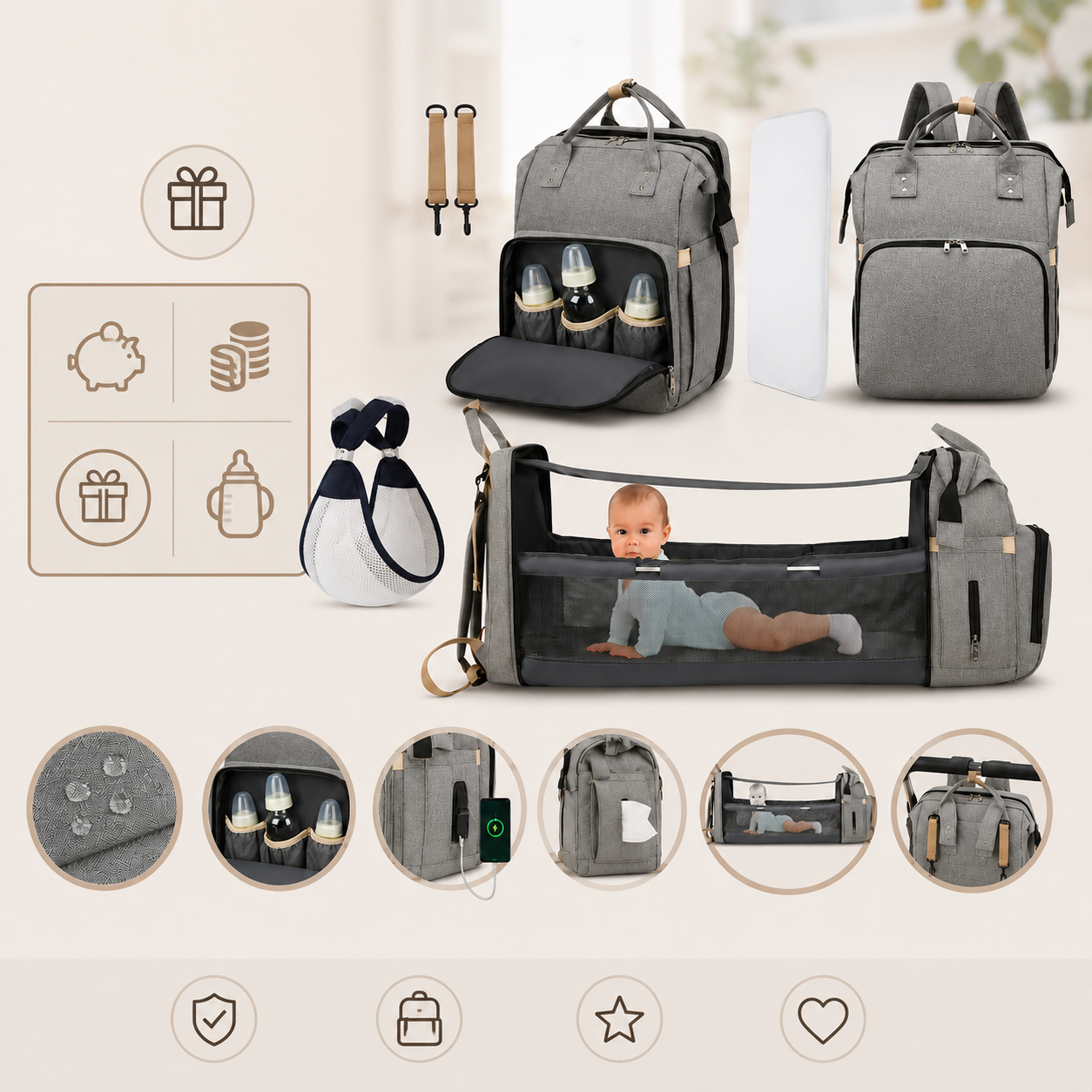 “Todo lo que necesitas para salir con tu bebé, en una sola mochila.”