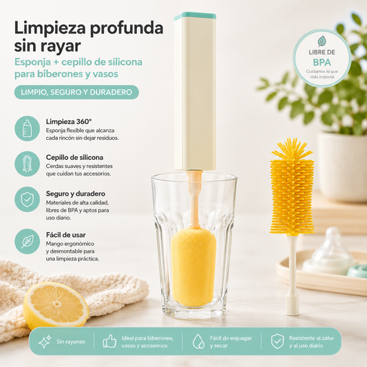Cepillo y Esponja de Silicona para Biberones y Vasos