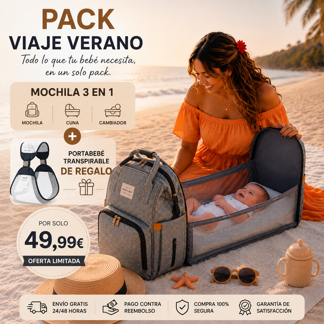 Pack Viagem para Bebé Mochila 3 em 1 + Porta-bebé de Oferta