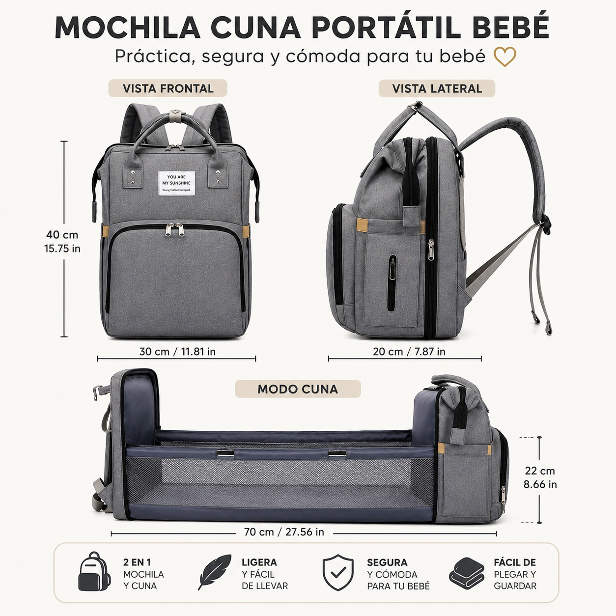 Pack Viagem para Bebé Mochila 3 em 1 + Porta-bebé de Oferta