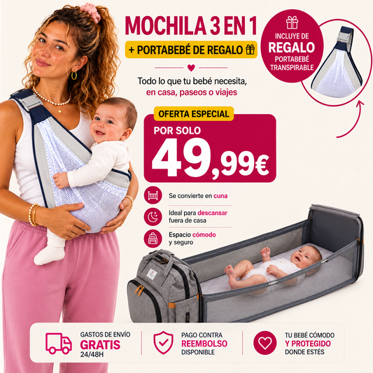 Pack Viagem para Bebé Mochila 3 em 1 + Porta-bebés de Oferta
